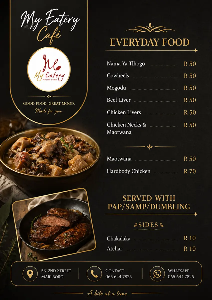 My Eatery Café menu poster showing traditional meals, prices and food photographs